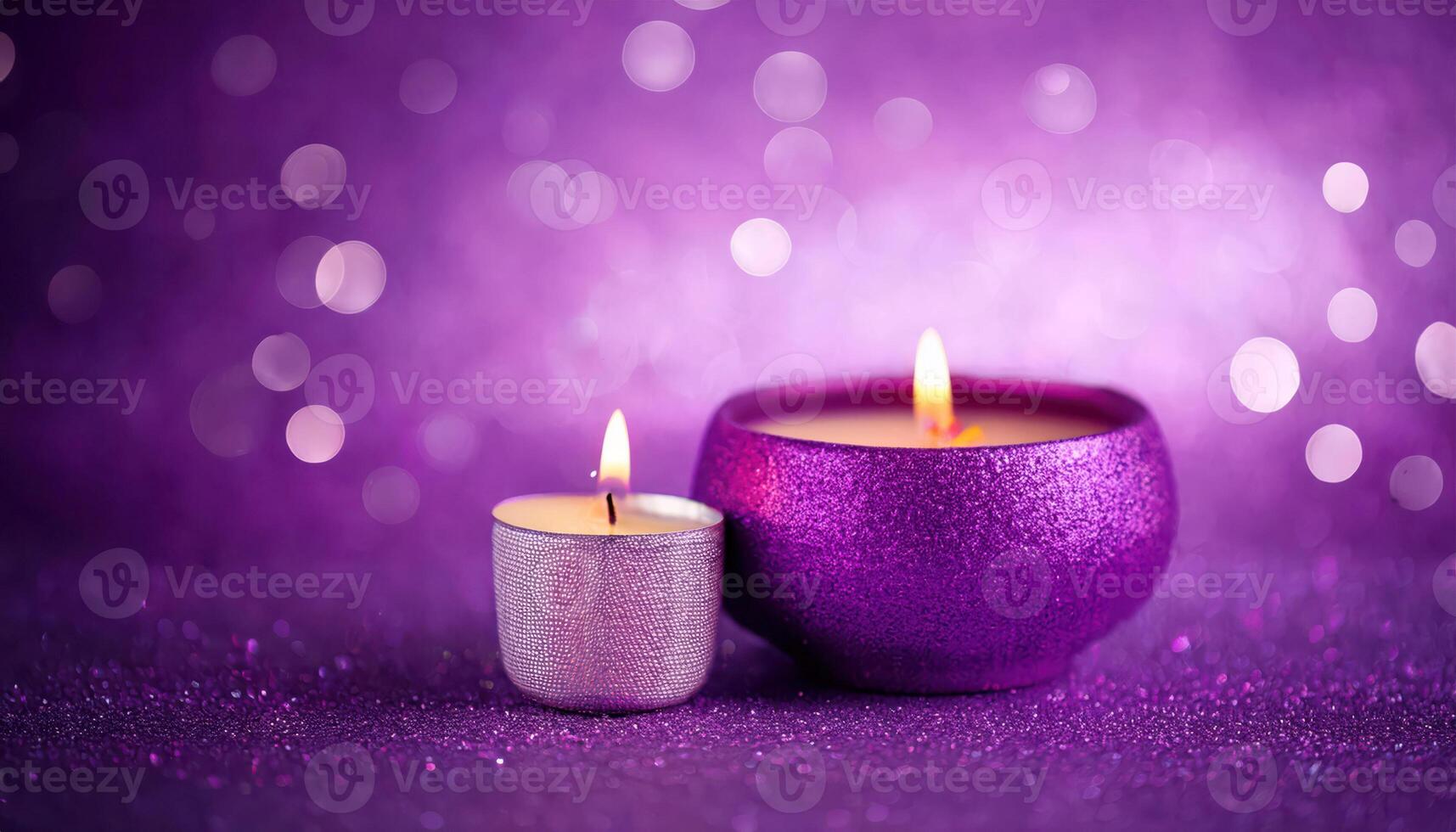 Glowing purple candles on sparkling surface with soft bokeh background photo