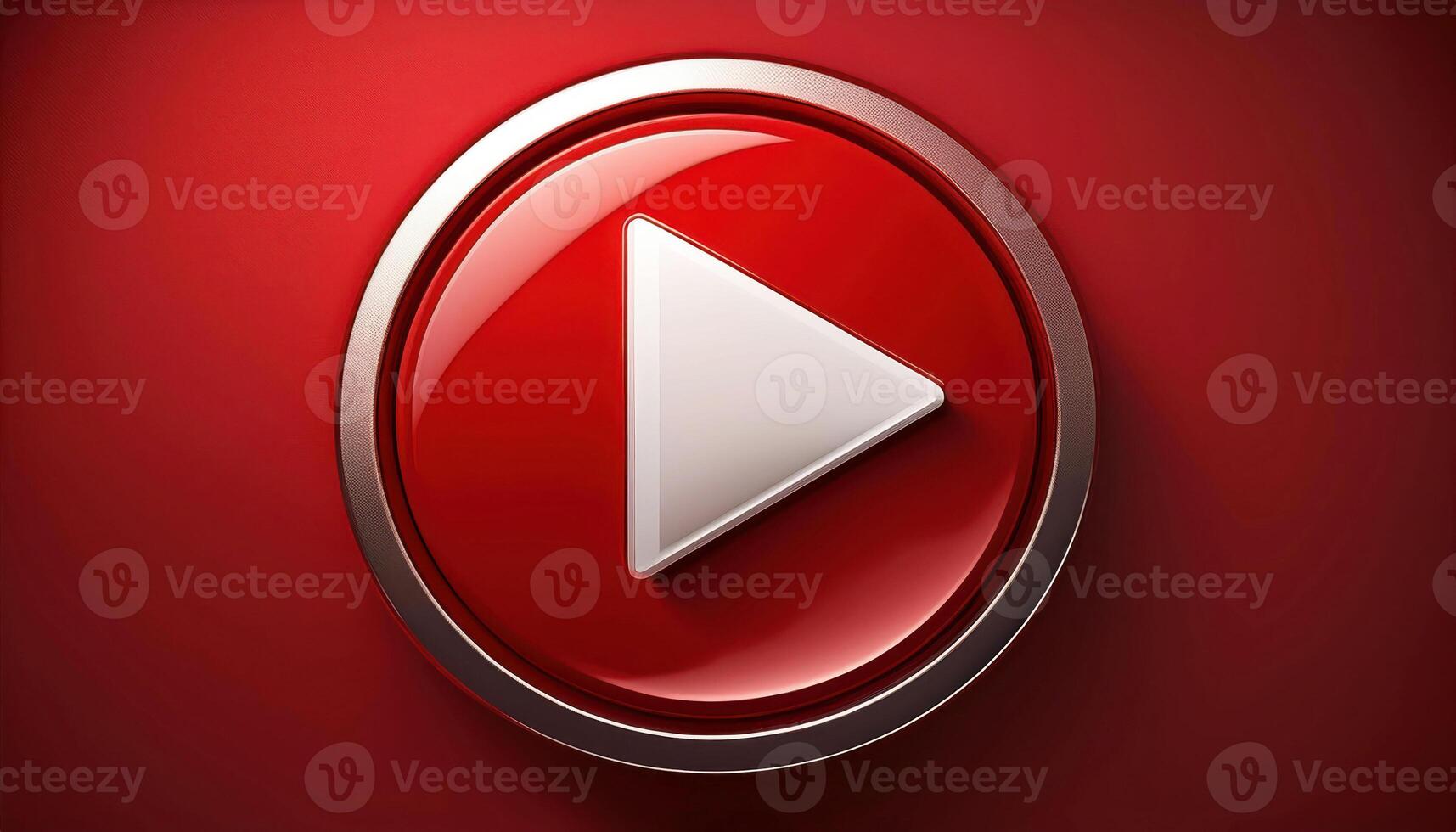 Red play button icon with 3d glossy effect on red background photo