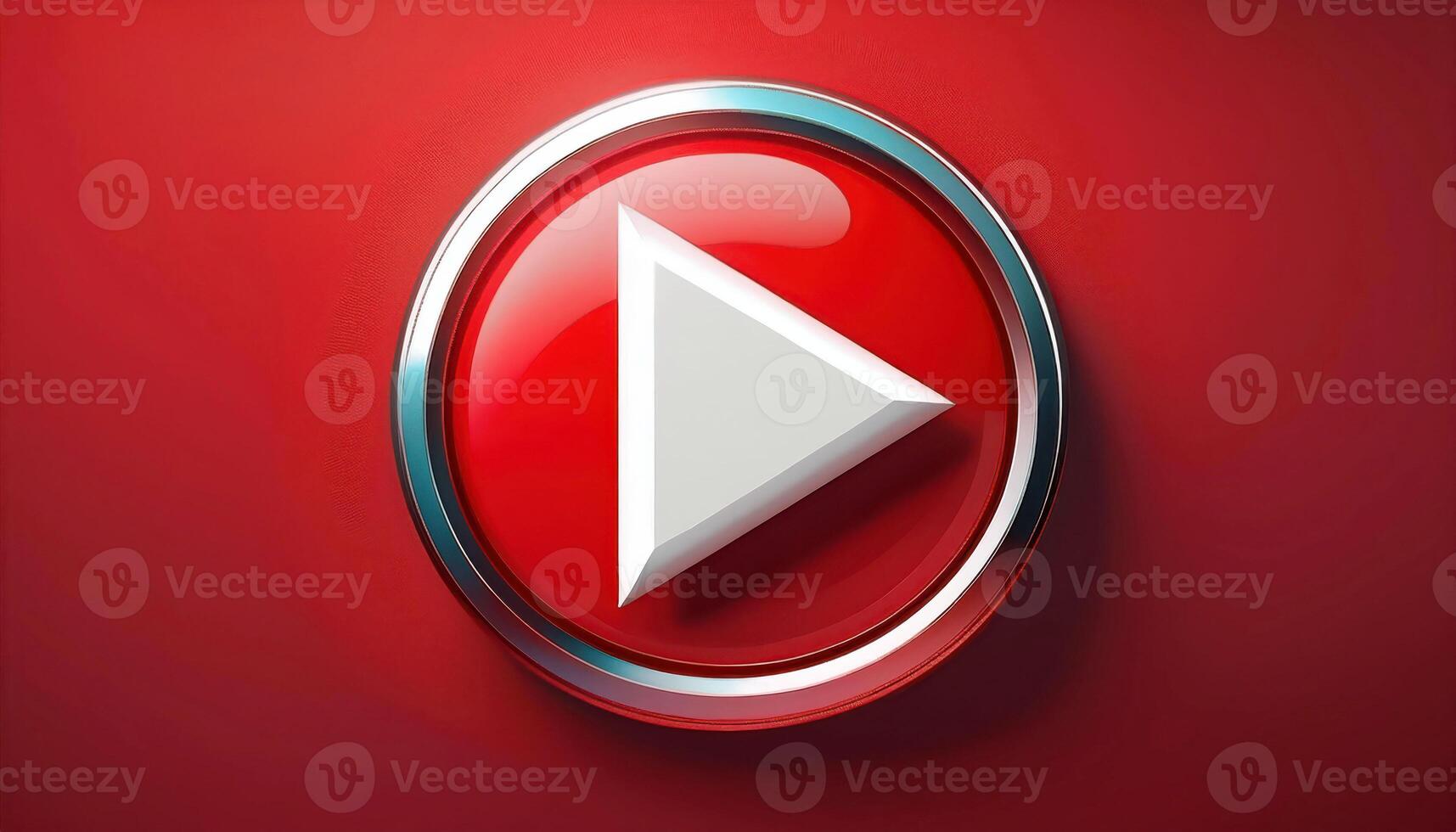 Red play button icon with metallic ring on glossy surface photo
