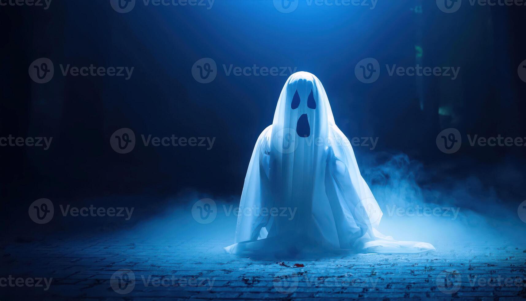 Eerie ghost figure in misty blue atmosphere photo