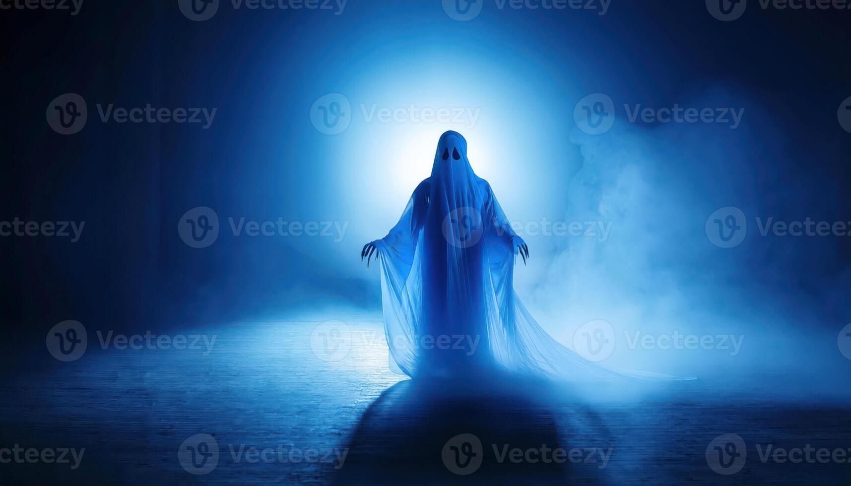 Mysterious ghostly figure in blue misty environment photo