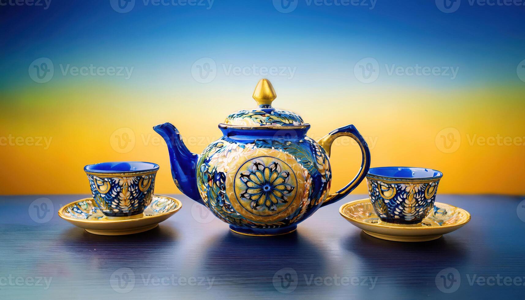 Ornate blue and yellow teapot with matching cups on a wooden table photo