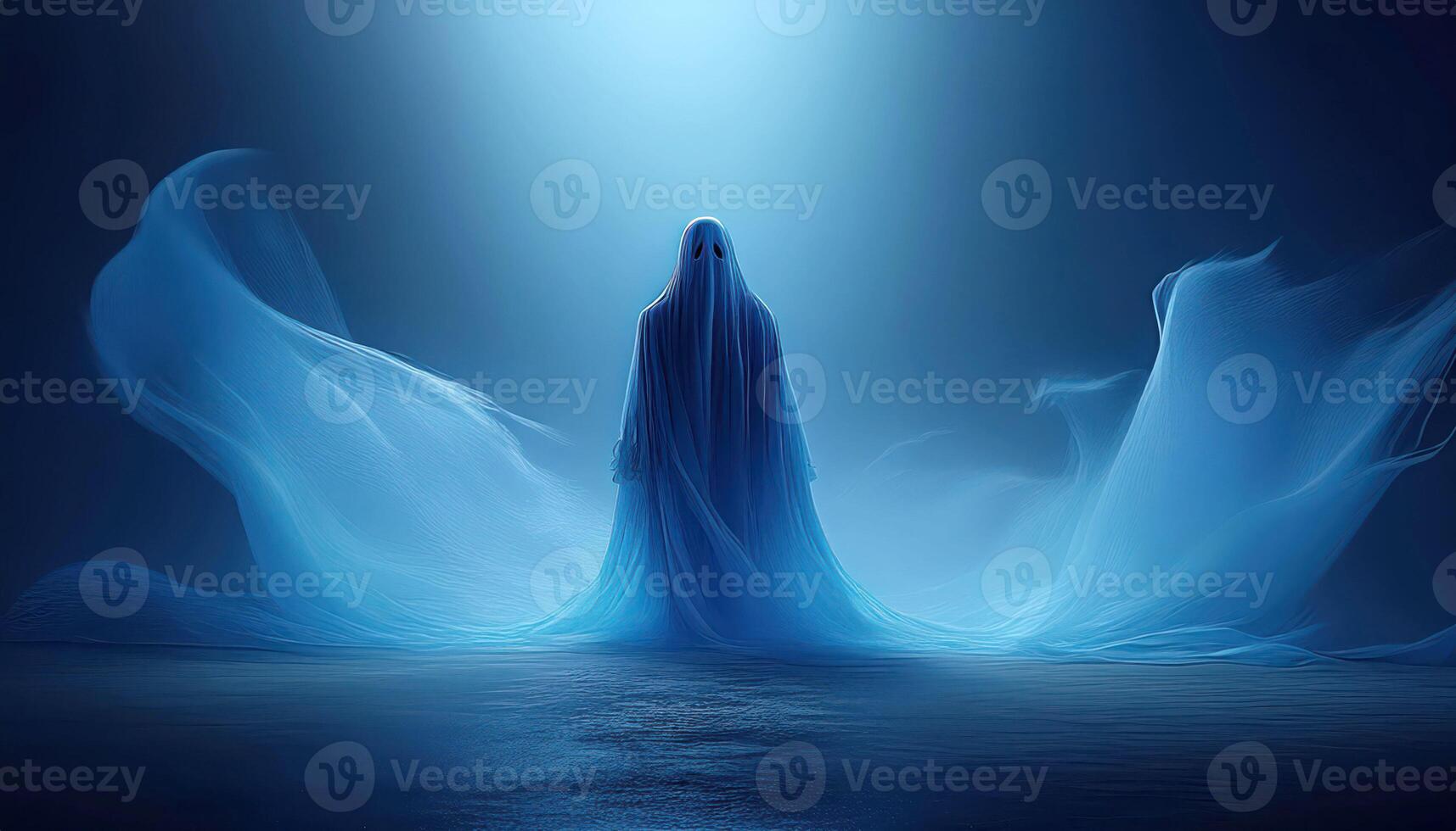 Ethereal blue specter floating in mystical light photo