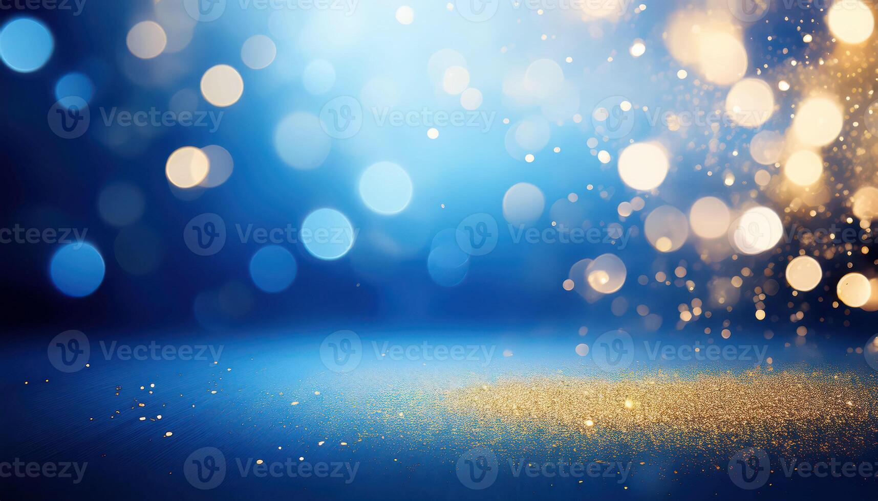 Glowing blue and gold bokeh with sparkling light particles in abstract background photo