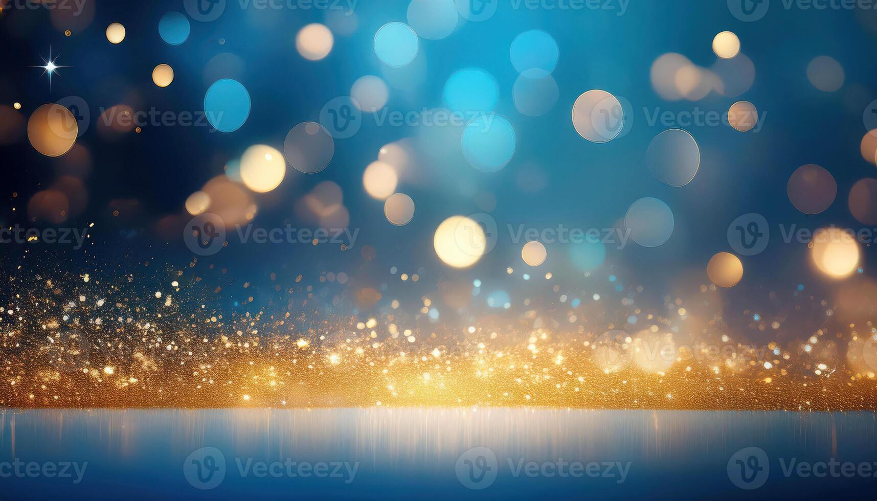Sparkling blue and gold bokeh lights over reflective surface photo