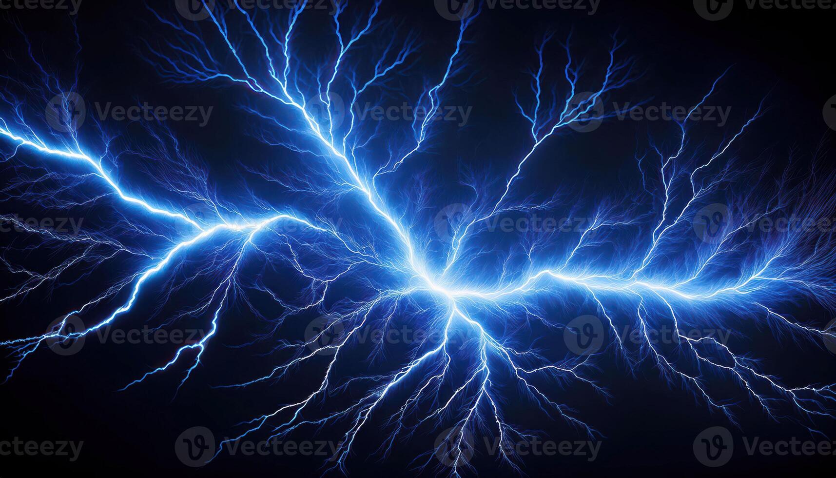 Dynamic blue lightning bolt against black background photo