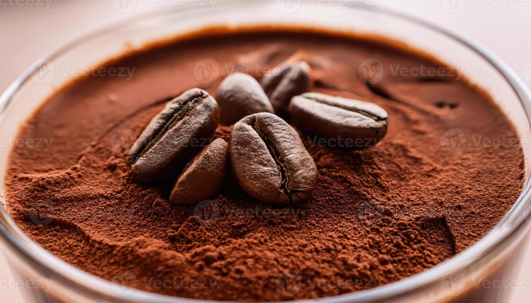 Rich cocoa topping with coffee beans on creamy dessert photo