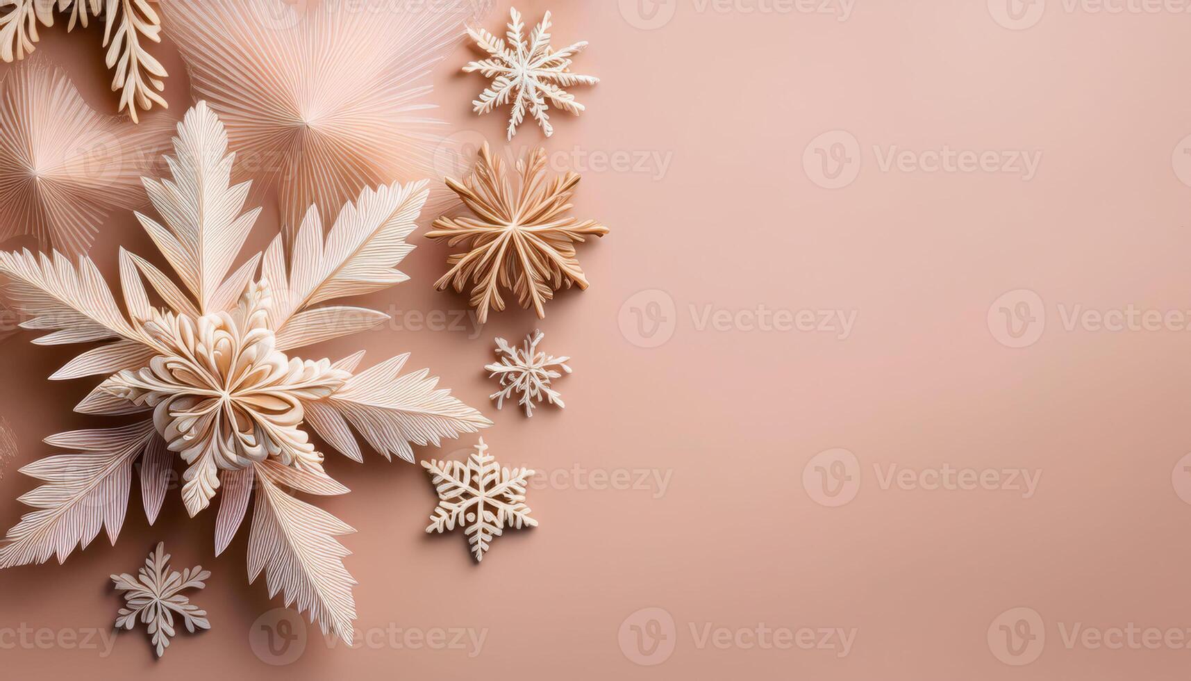 Delicate folded paper snowflakes on soft beige background photo