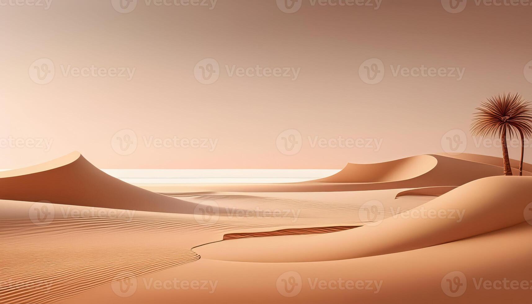 Tranquil desert landscape with sand dunes and lone palm tree under clear sky photo