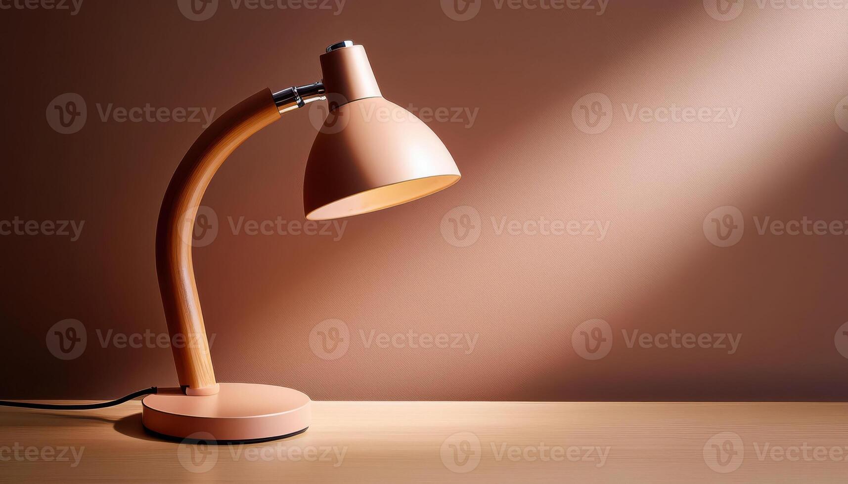 Elegant modern desk lamp with curved wooden stand photo