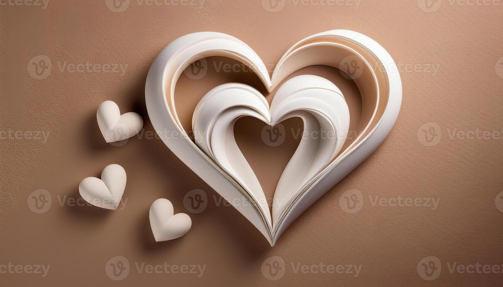 Elegant layered paper heart design on textured brown background, mocha mousse color photo