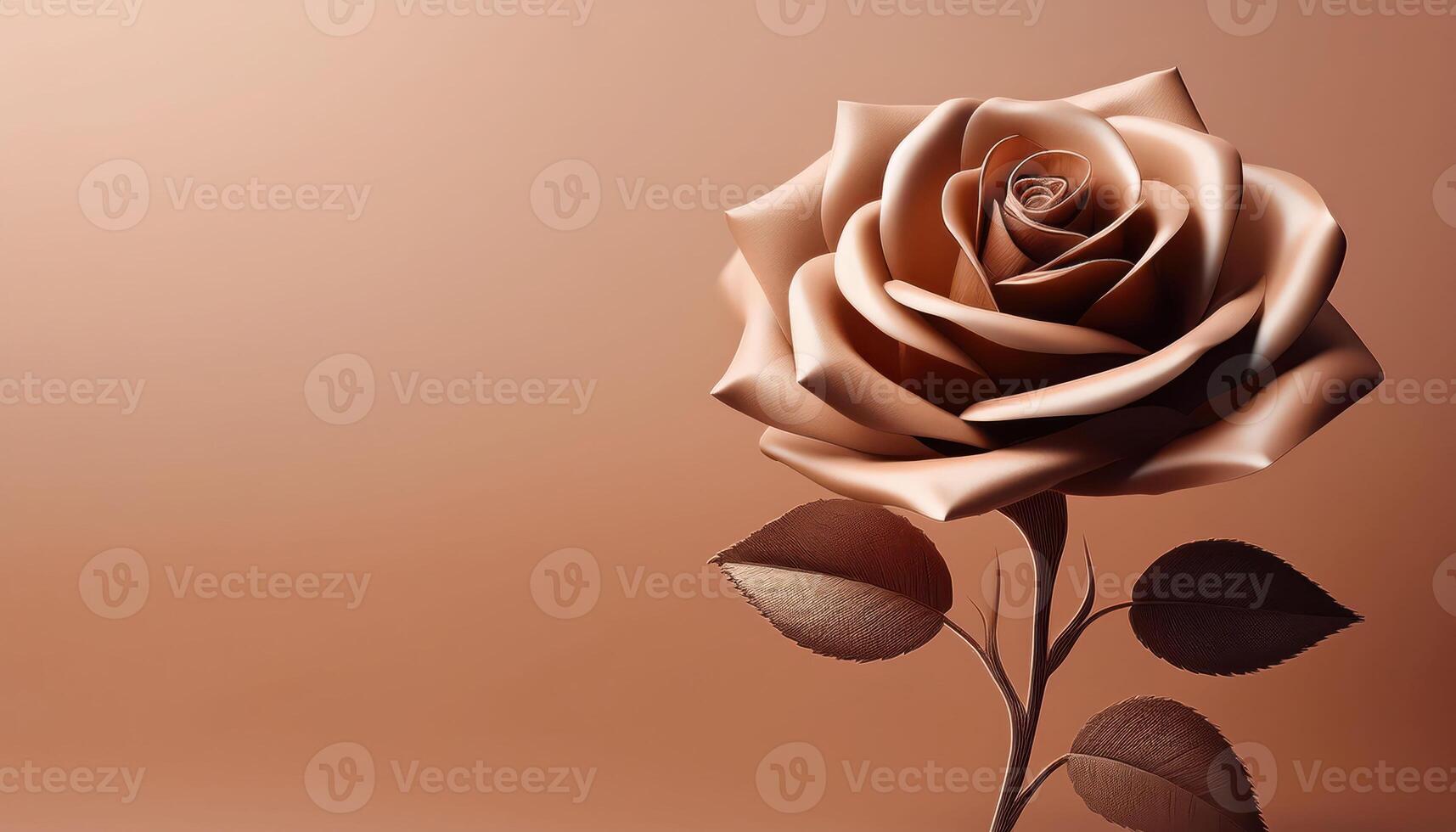 Elegant bronze rose on a soft brown background with detailed petals and leaves photo