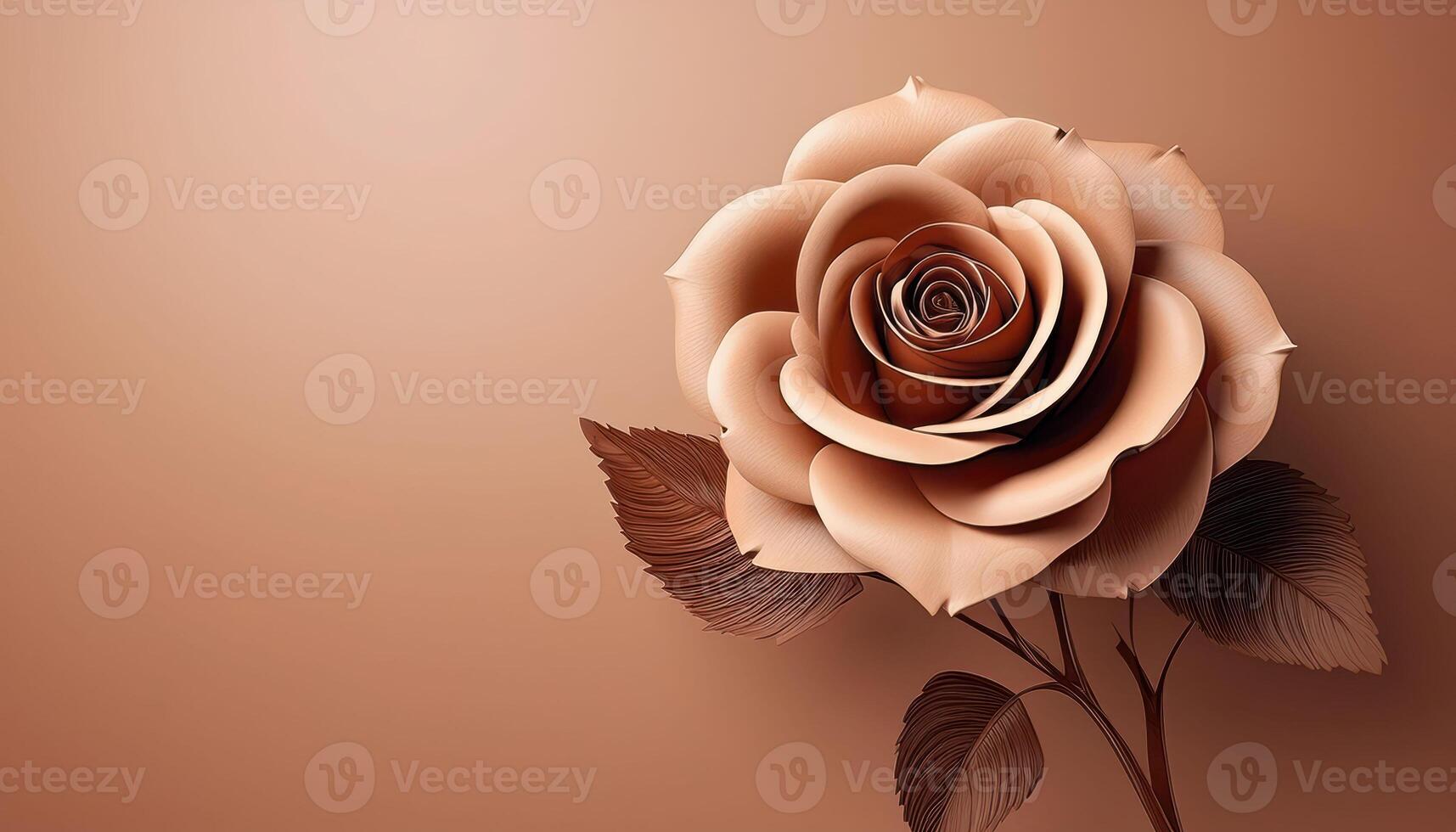 Elegant single brown rose with leaves on smooth gradient background photo