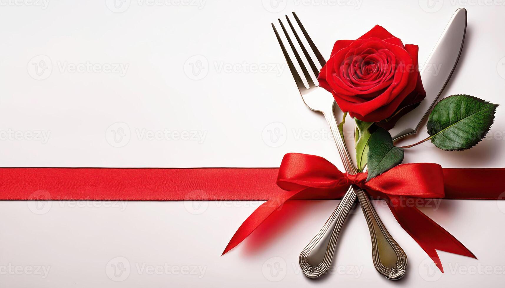 Elegant rose and cutlery arrangement on white background with red ribbon photo