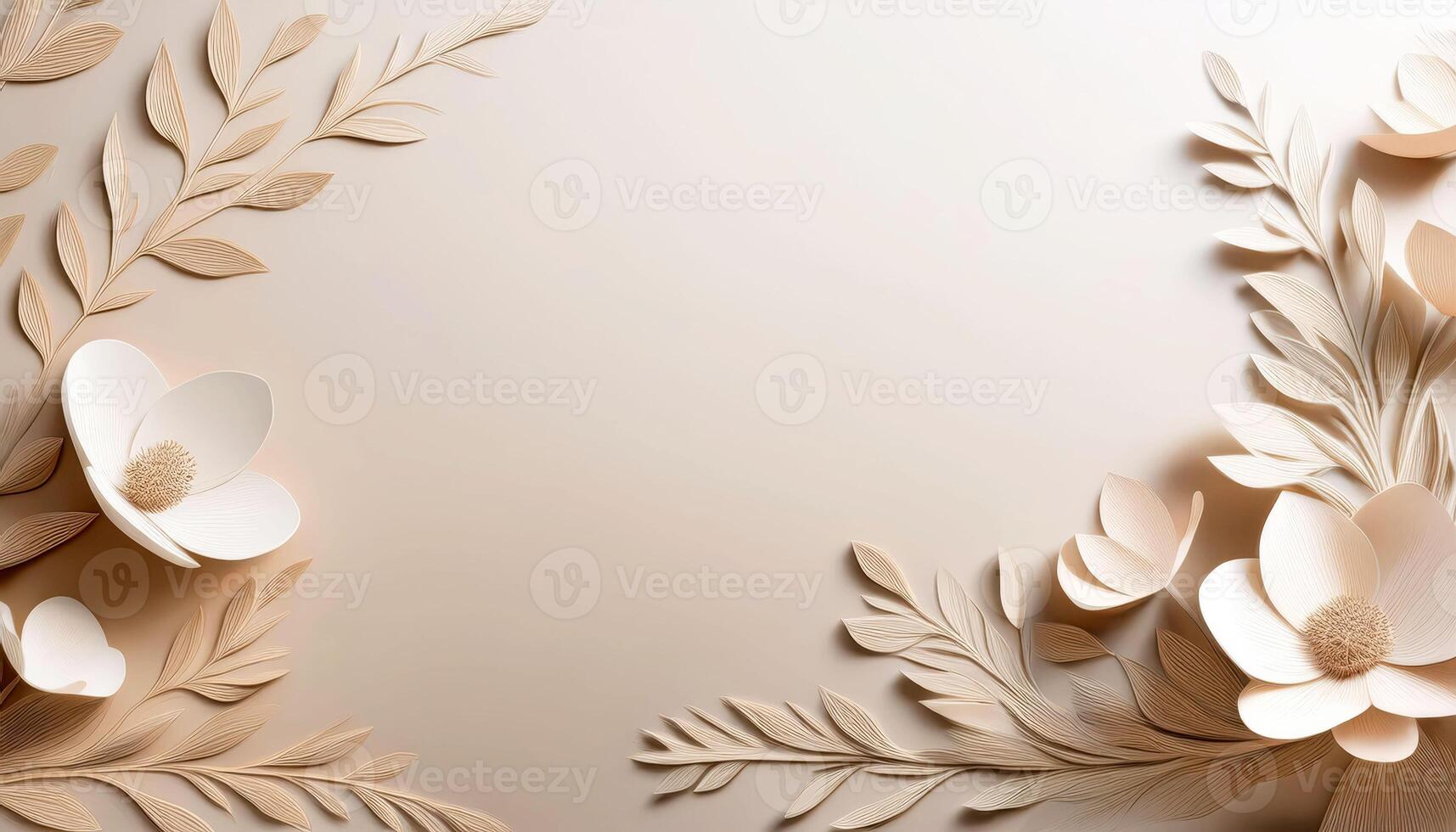 Elegant floral paper art with delicate white blossoms and leaves on cream background photo