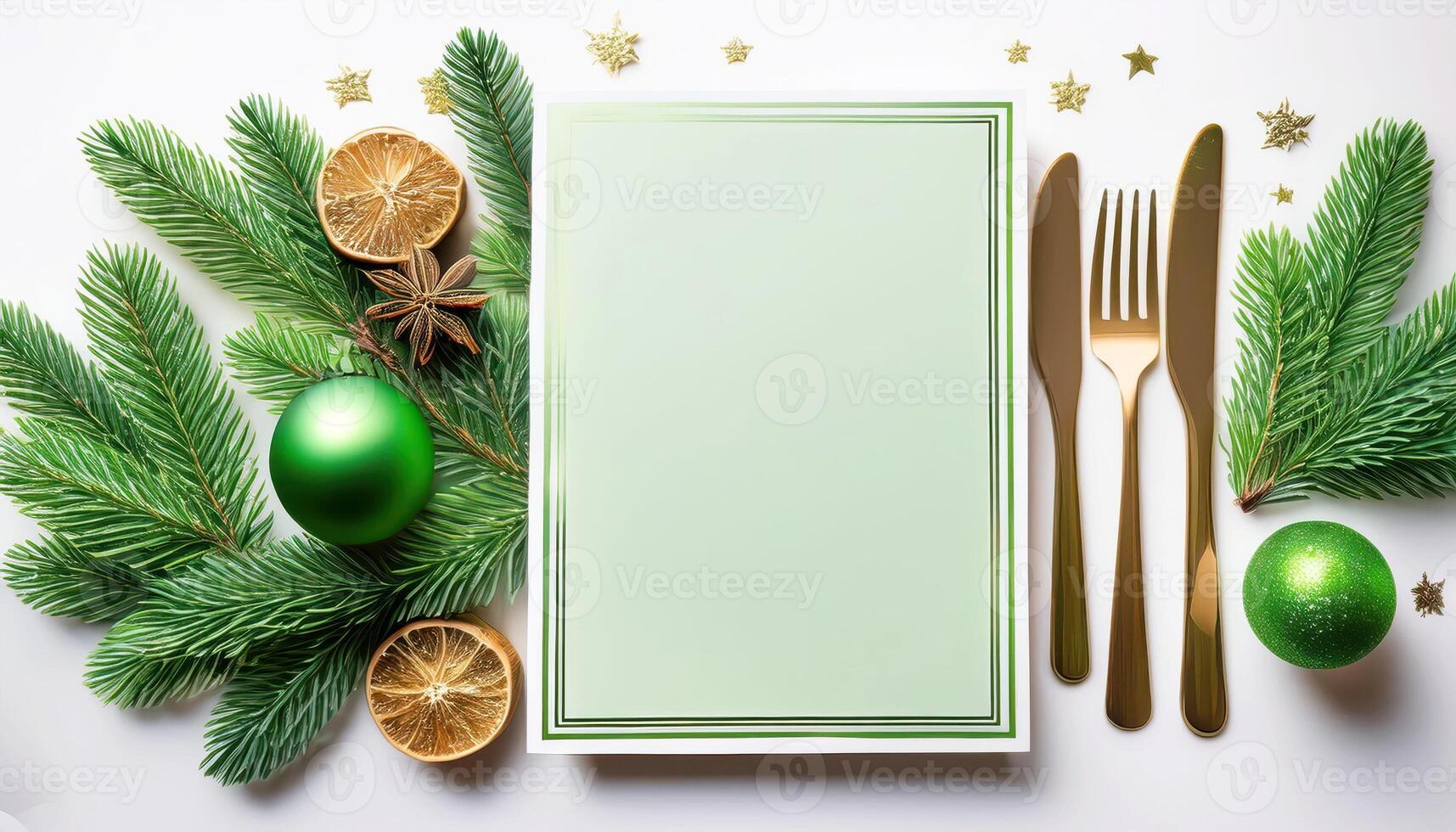 Elegant christmas table setting with green ornaments and fir branches photo