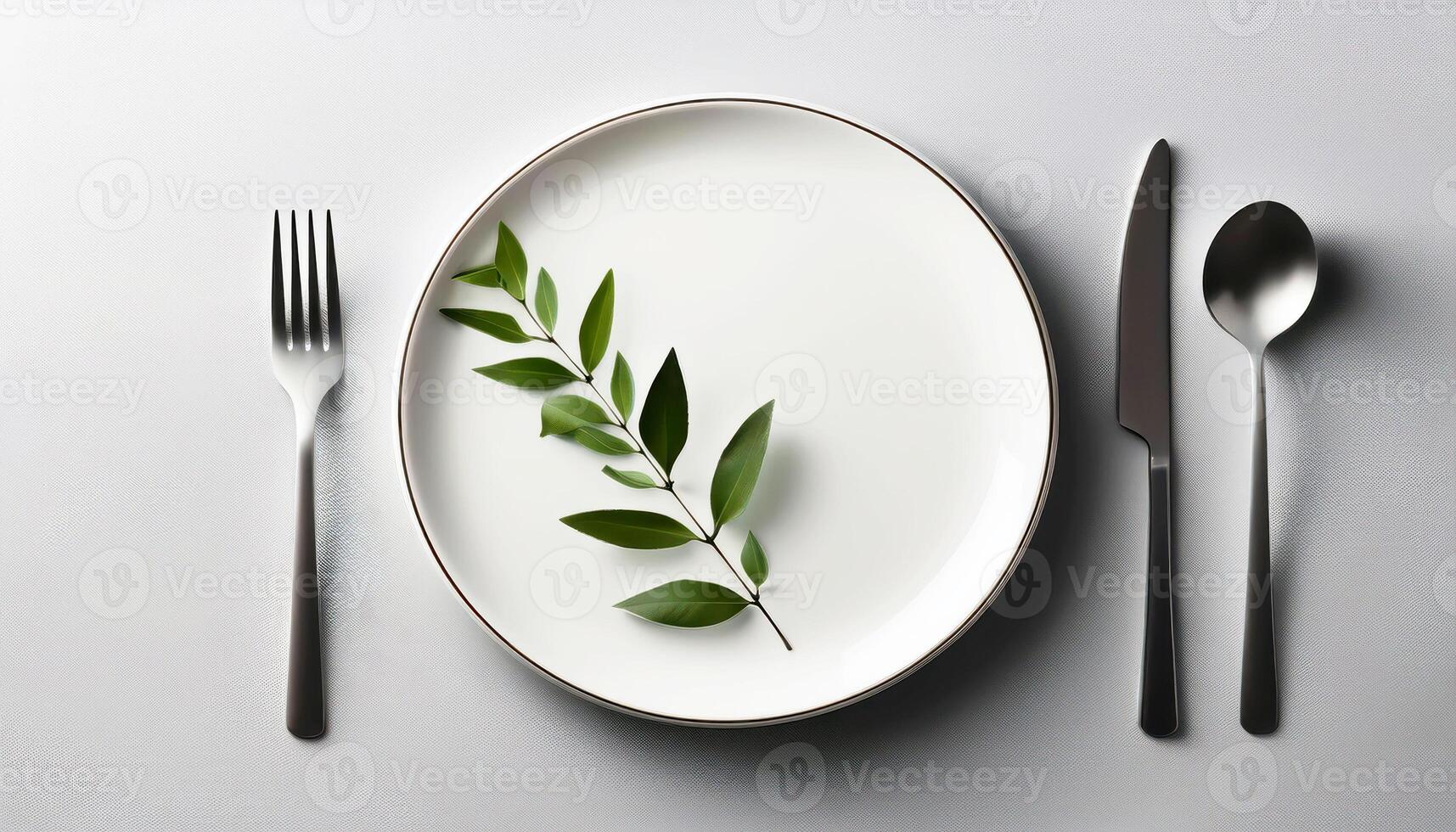 Minimalist dining setting with green leaf on white plate and silver cutlery photo