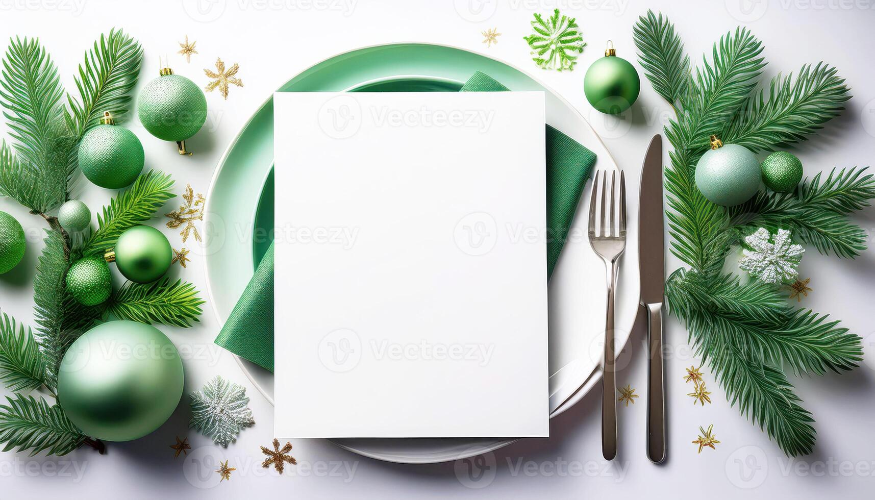 Elegant christmas table setting with green ornaments and silverware photo