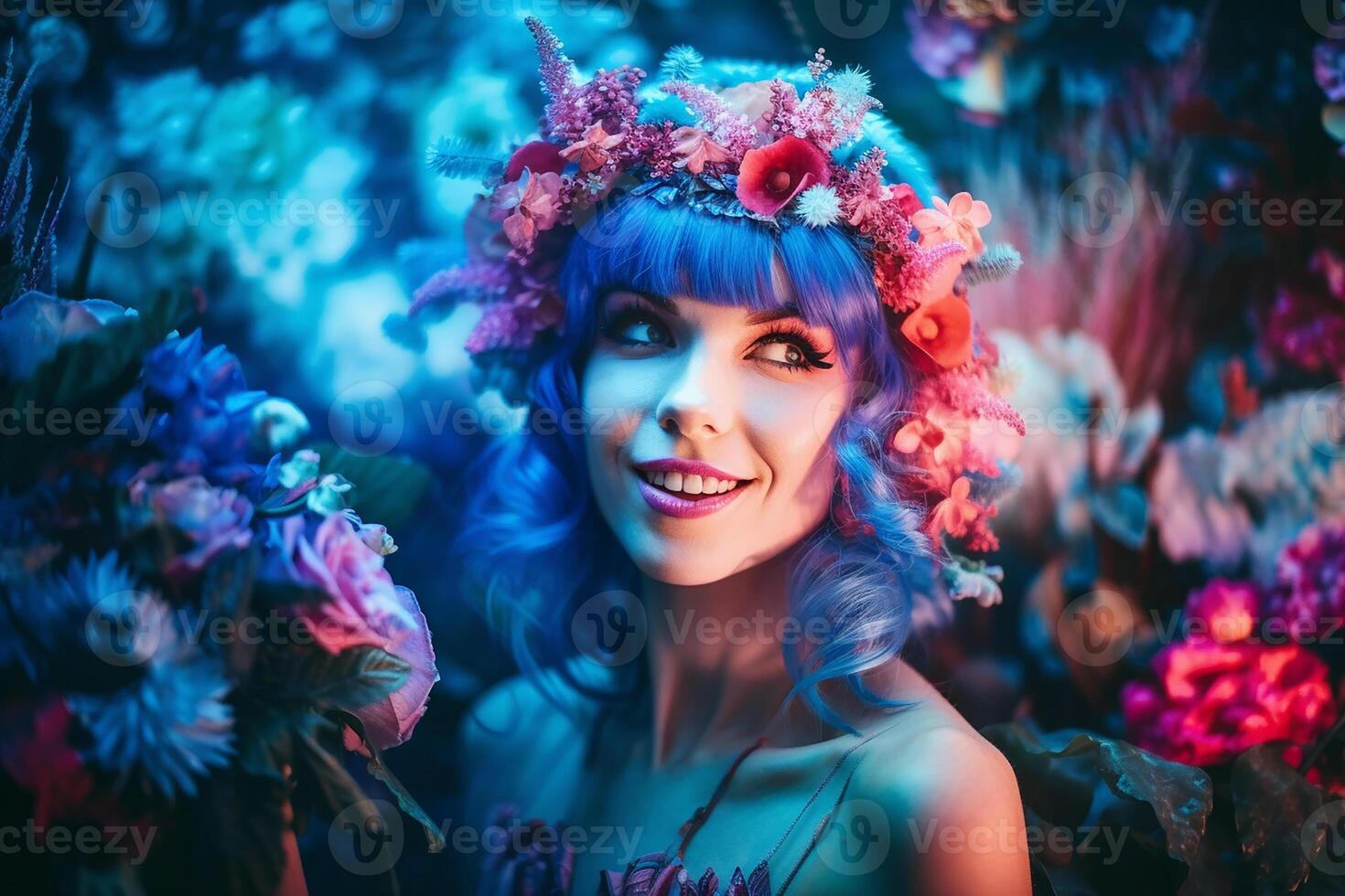 beautiful blonde woman flower fairy in a blooming pink fantasy garden photo