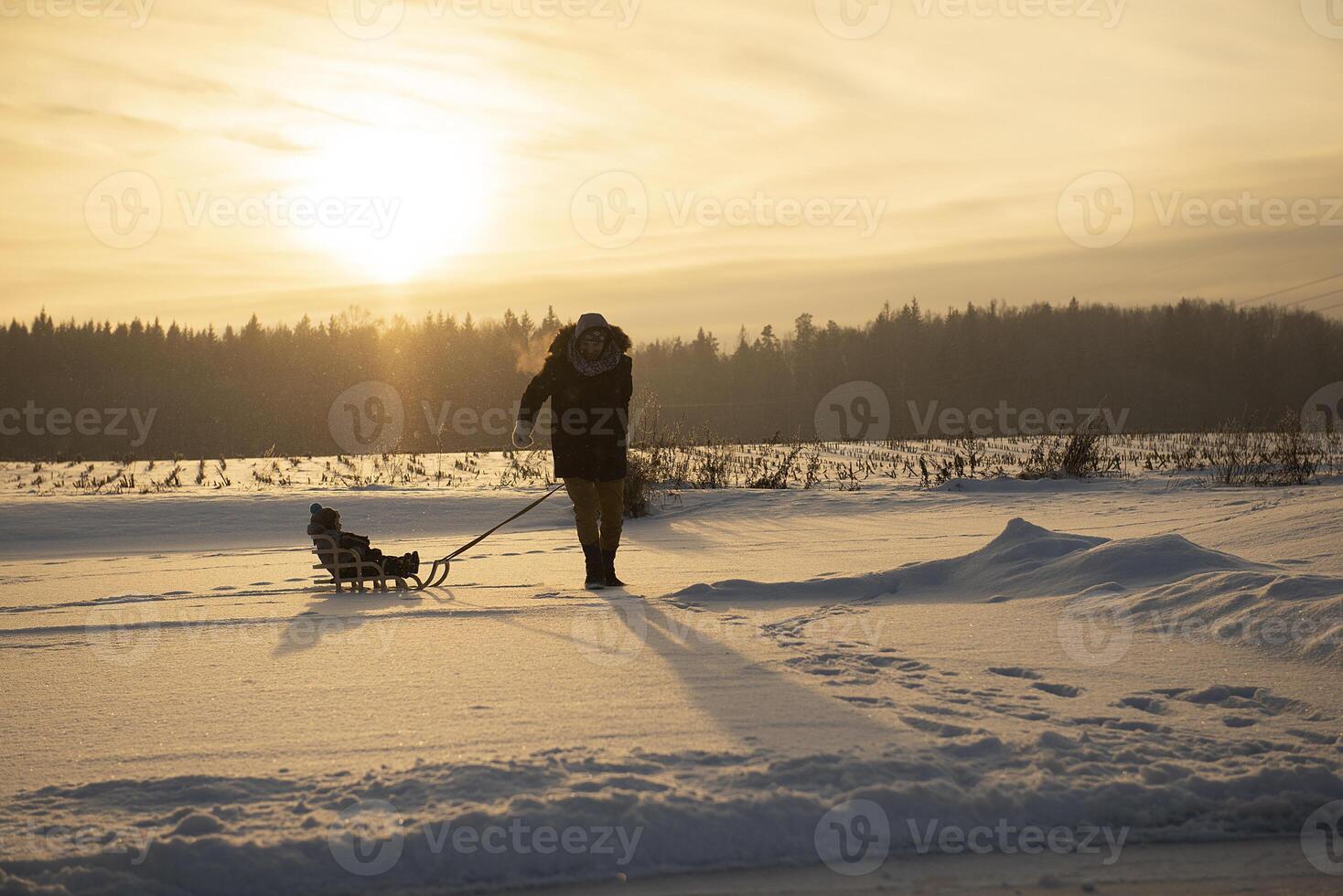 Father is pulling child on sled walking on frosty winter day outdoors. Father walking on lake with his son riding on sledge photo
