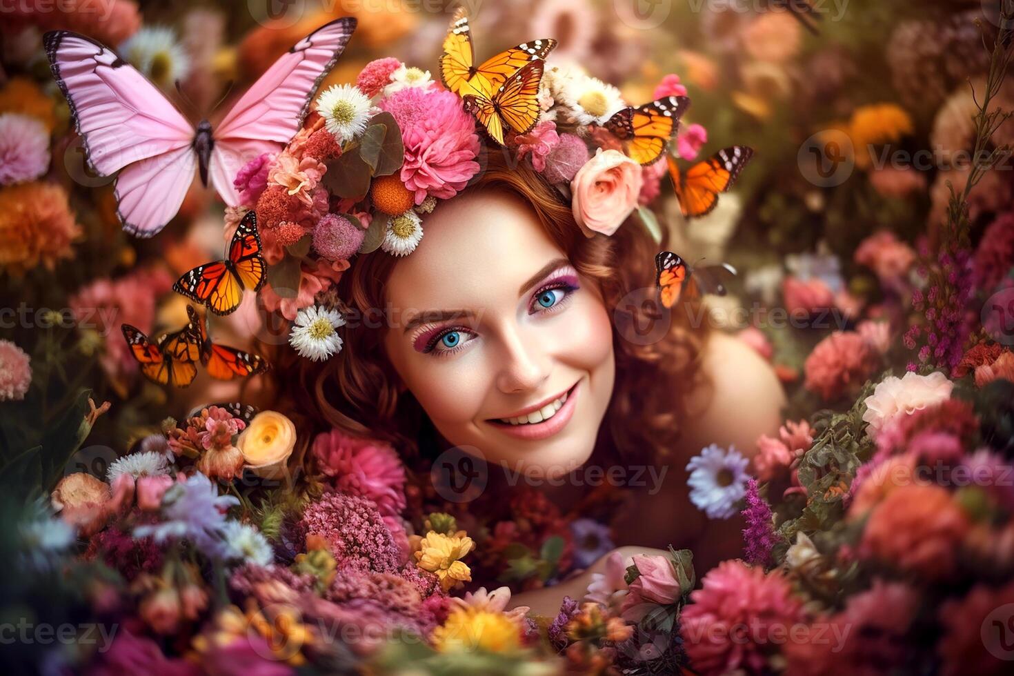 young blonde woman flower fairy in a blooming pink fantasy garden photo