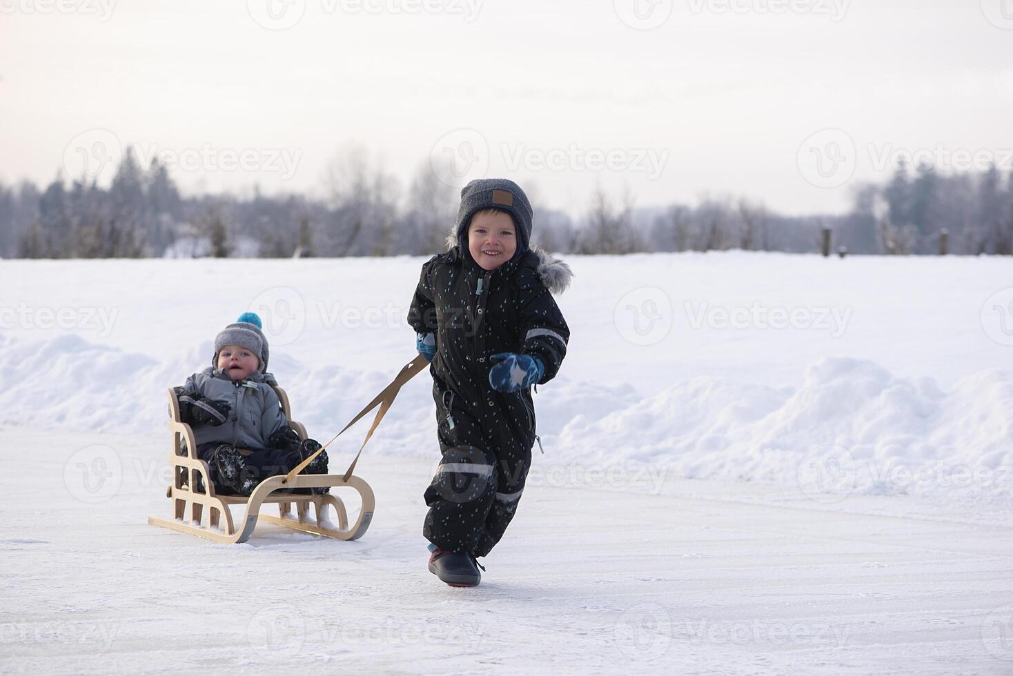 Happy children on a winter lake playing together with a sledge photo