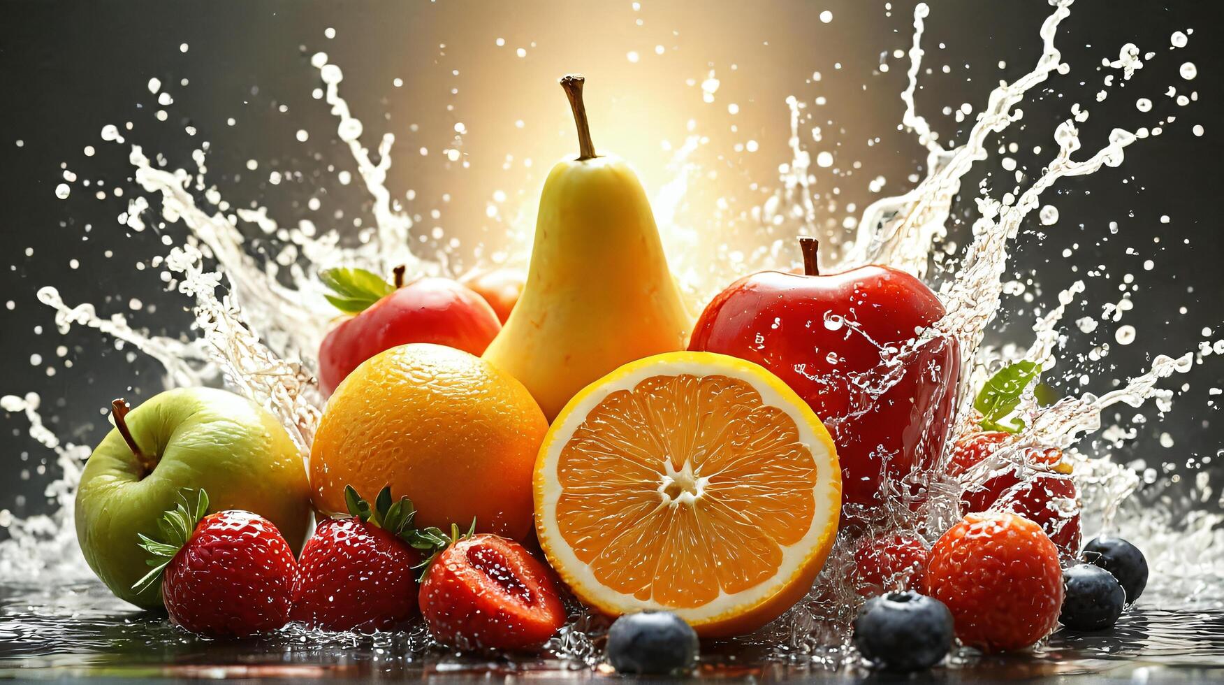 Vibrant Fruits Splashing in Water with Dynamic Background Lighting photo