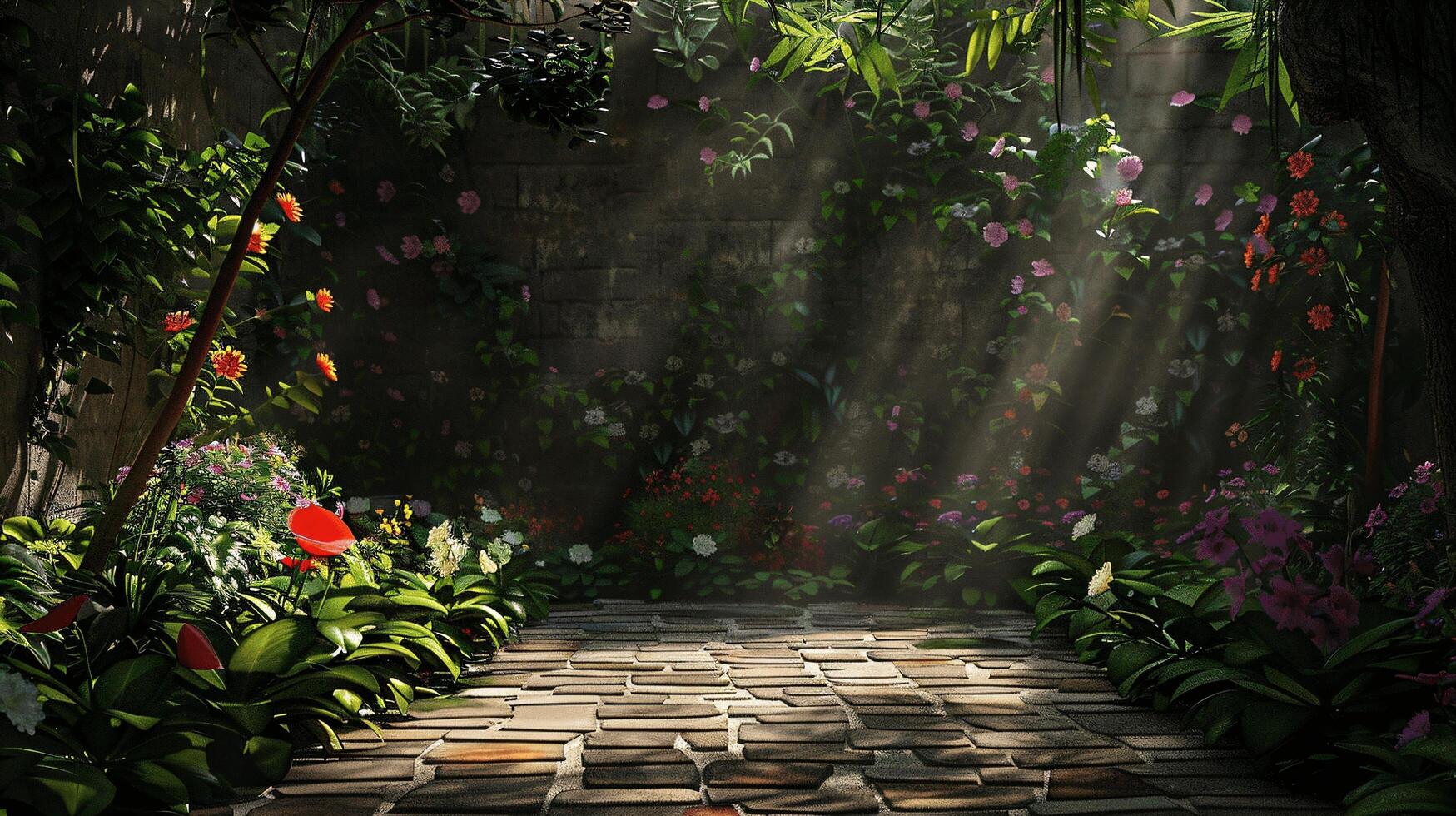 Serene Garden Path Illuminated by Soft Sunlight and Vibrant Flowers photo