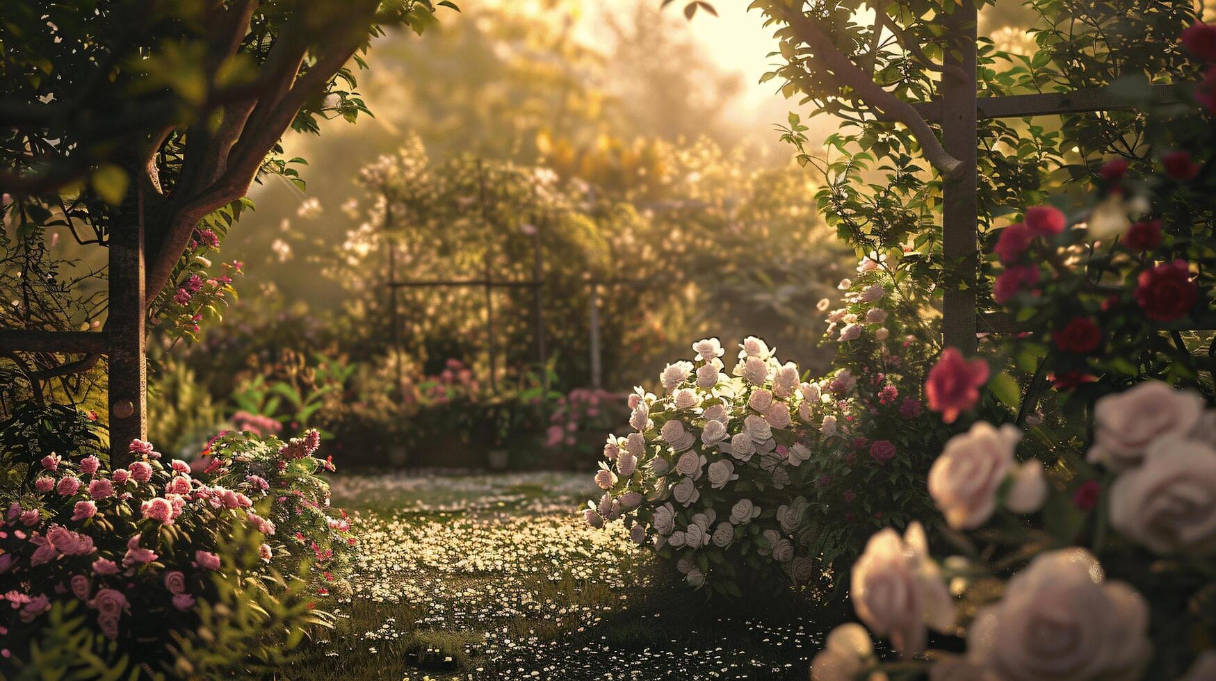 Serene Garden Pathway with Vibrant Flora and Gentle Sunlight photo