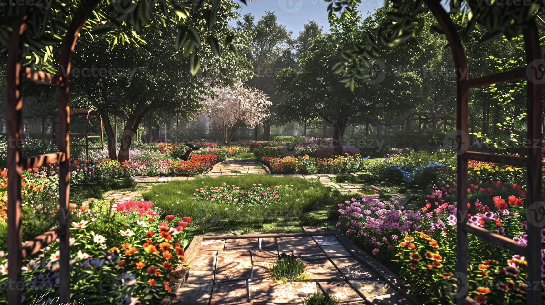 Serene Garden Oasis with Vibrant Flowers and Lush Greenery photo