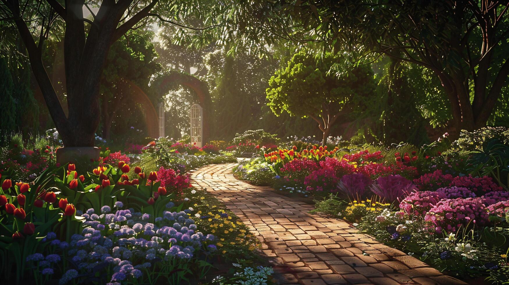 Serene Pathway Through Lush Garden Filled With Vibrant Flowers photo