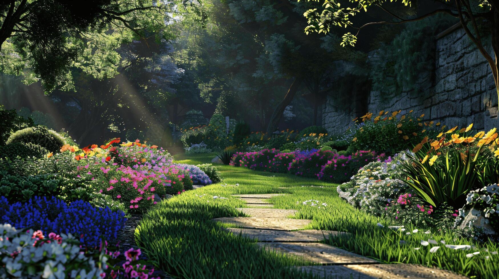 Serene Garden Pathway Surrounded by Colorful Blooming Flowers photo