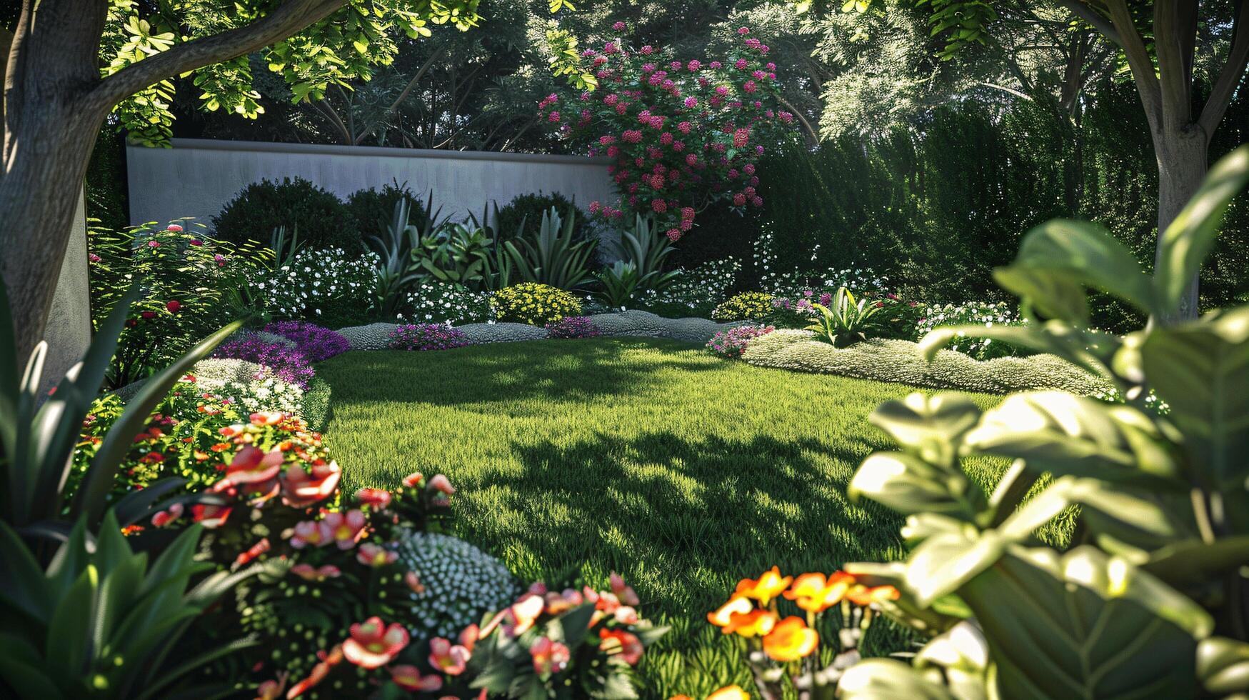 Lush and Vibrant Garden with Colorful Flowers and Green Lawn photo
