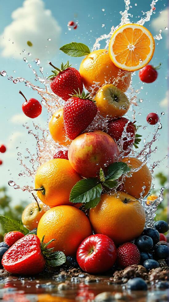 Splashing Fresh Fruits in a Tower of Colorful Delight photo