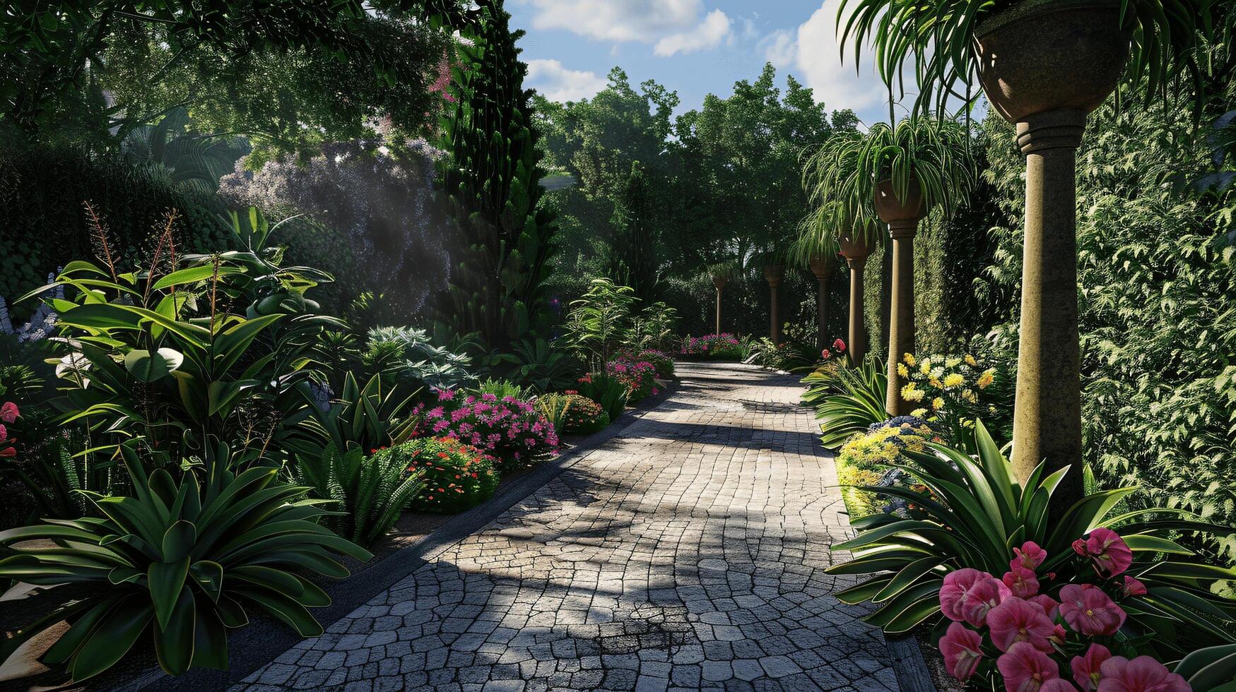 Serene Pathway Through a Colorful Flower Garden in Daylight photo