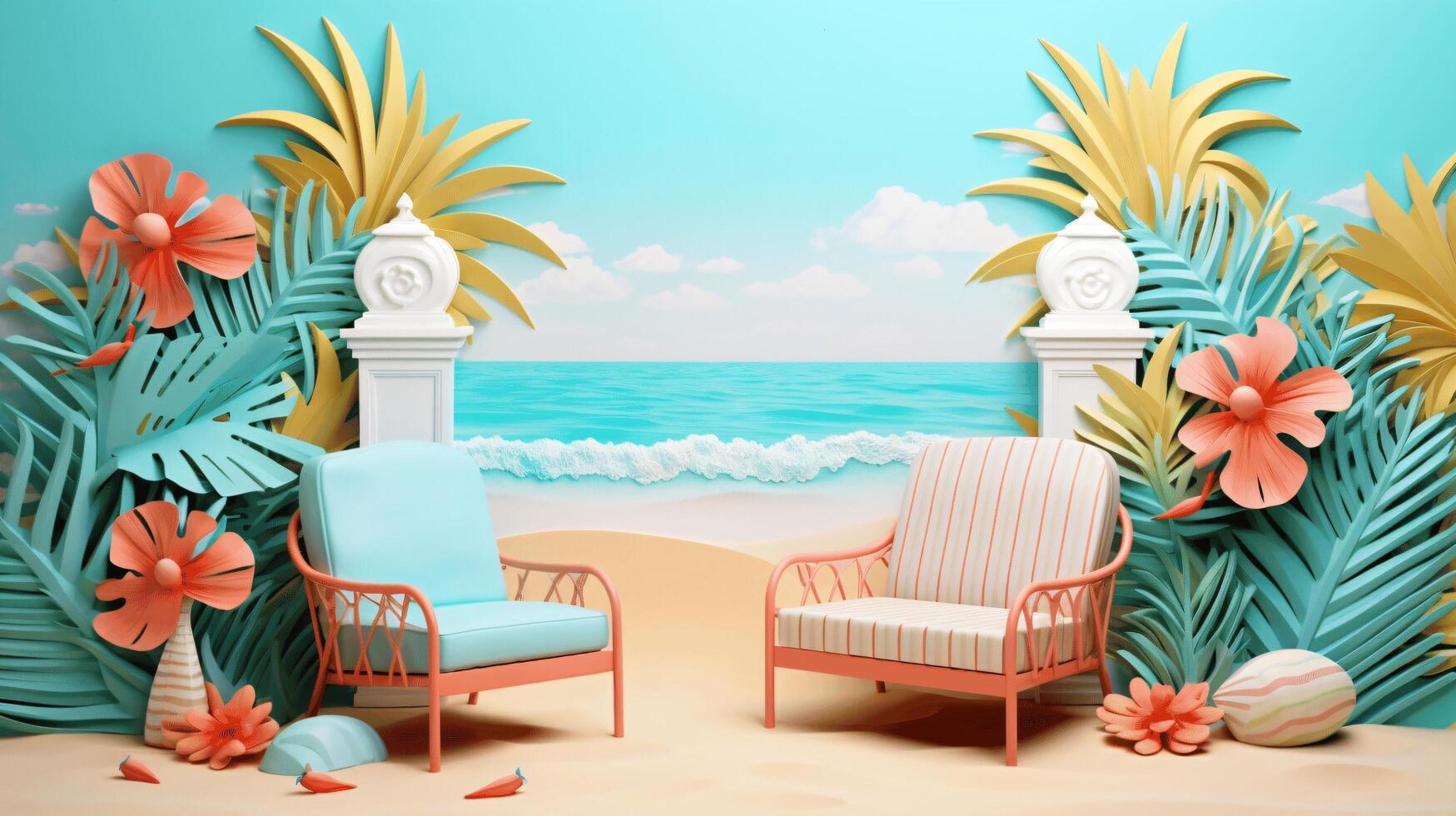 Tropical Paradise Background with Stylish Chairs and Ocean View photo
