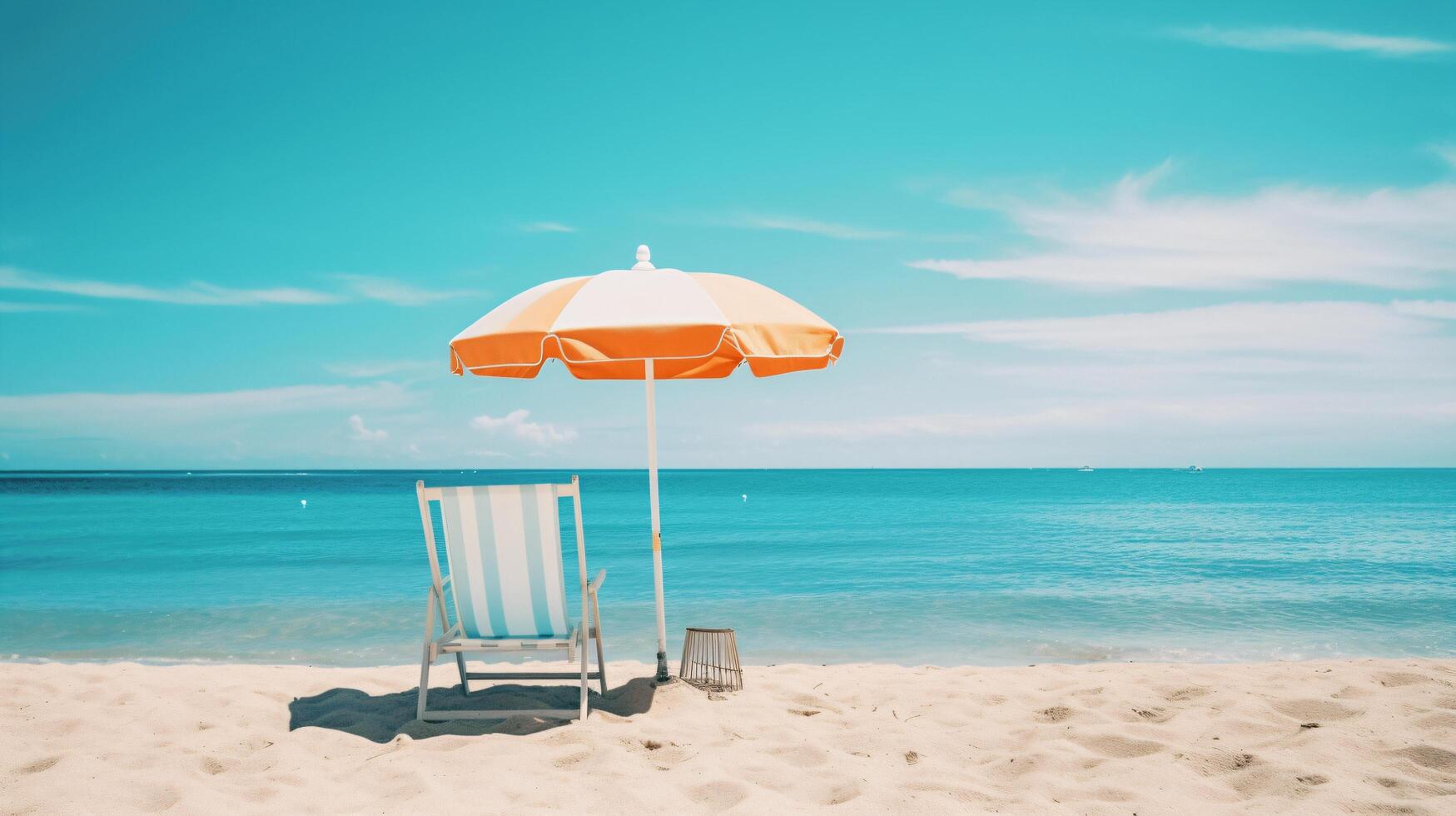 Relaxing Beach Scene with Umbrella and Chair by the Ocean Waves photo