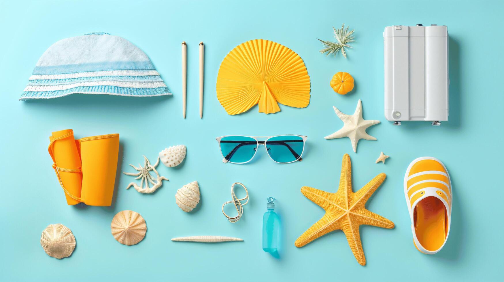 Colorful Summer Beach Items on Blue Background for Vacation Vibes photo