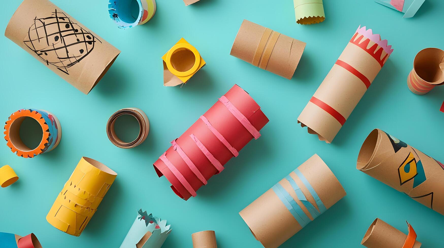 Colorful Craft Papers and Tubes Arrange on a Bright Blue Background photo