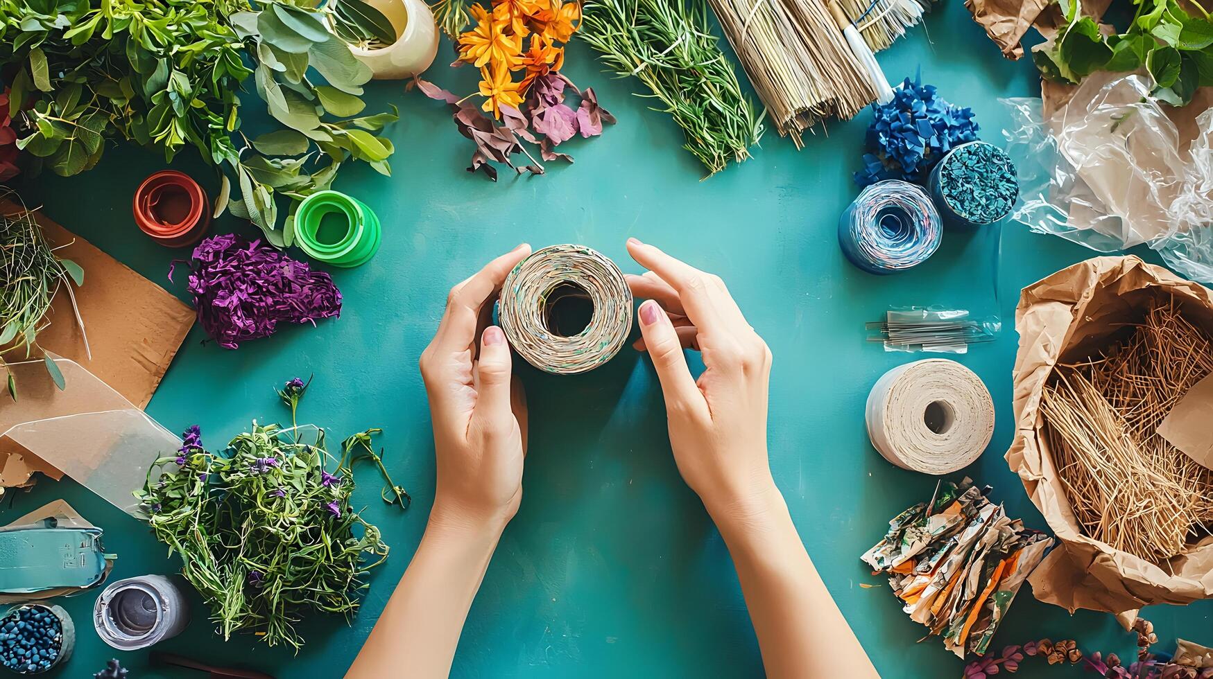 Hands Crafting with Natural Materials and Craft Supplies on Table photo
