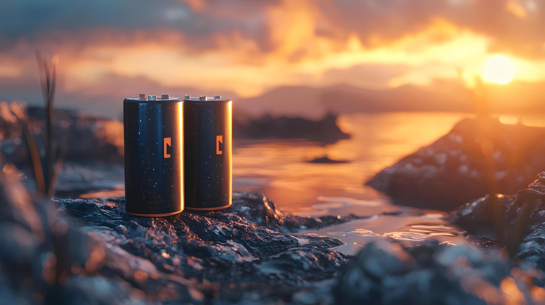 Stunning Sunset Over Water with Batteries on Rocky Shoreline photo