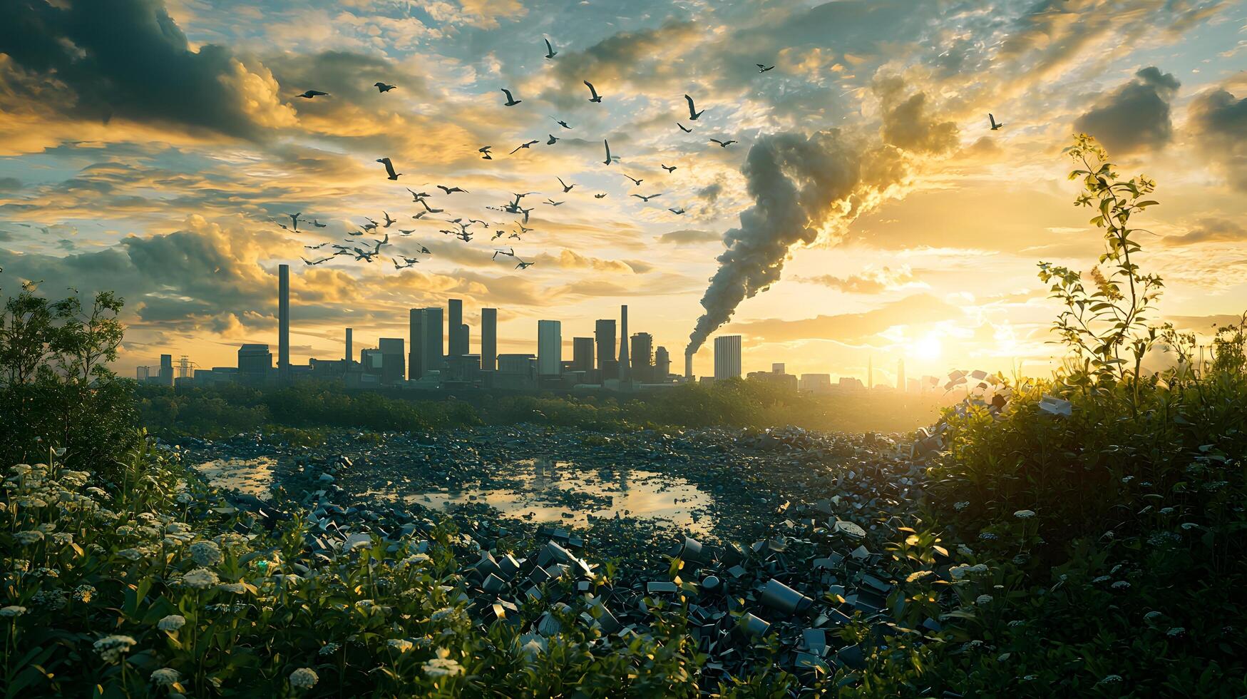 Industrial Landscape with Smoke and Pollution at Sunset photo