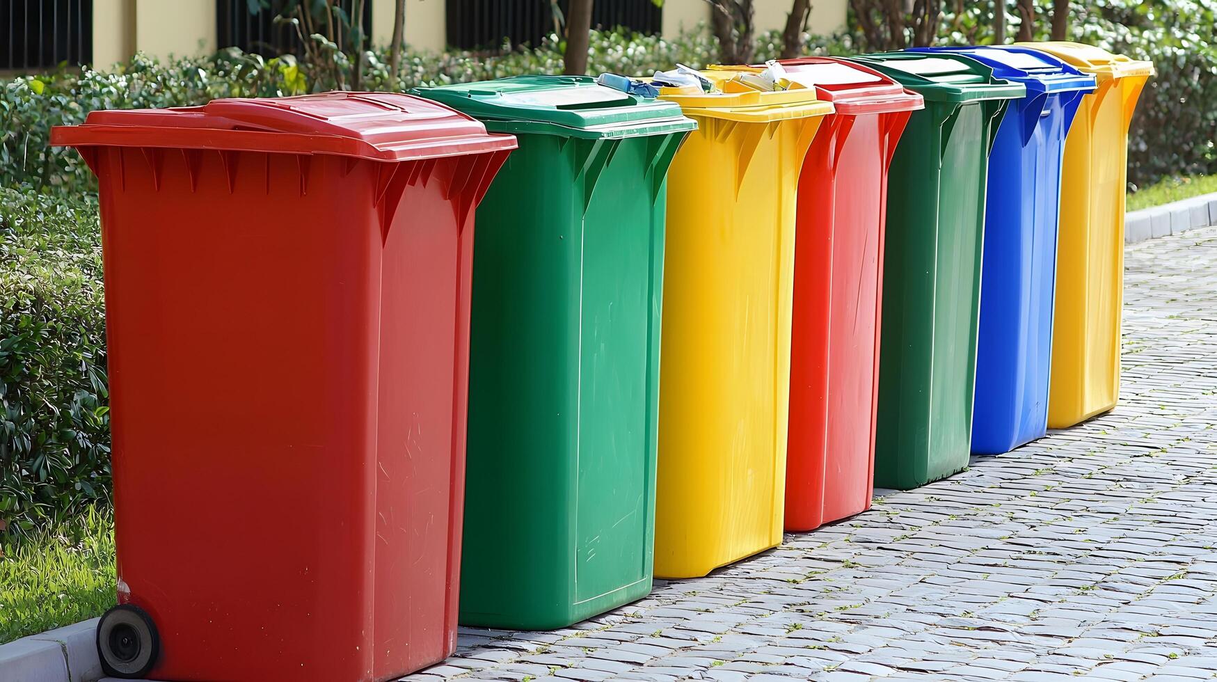 Colorful Recycling Bins on a Paved Pathway in a Park Setting photo
