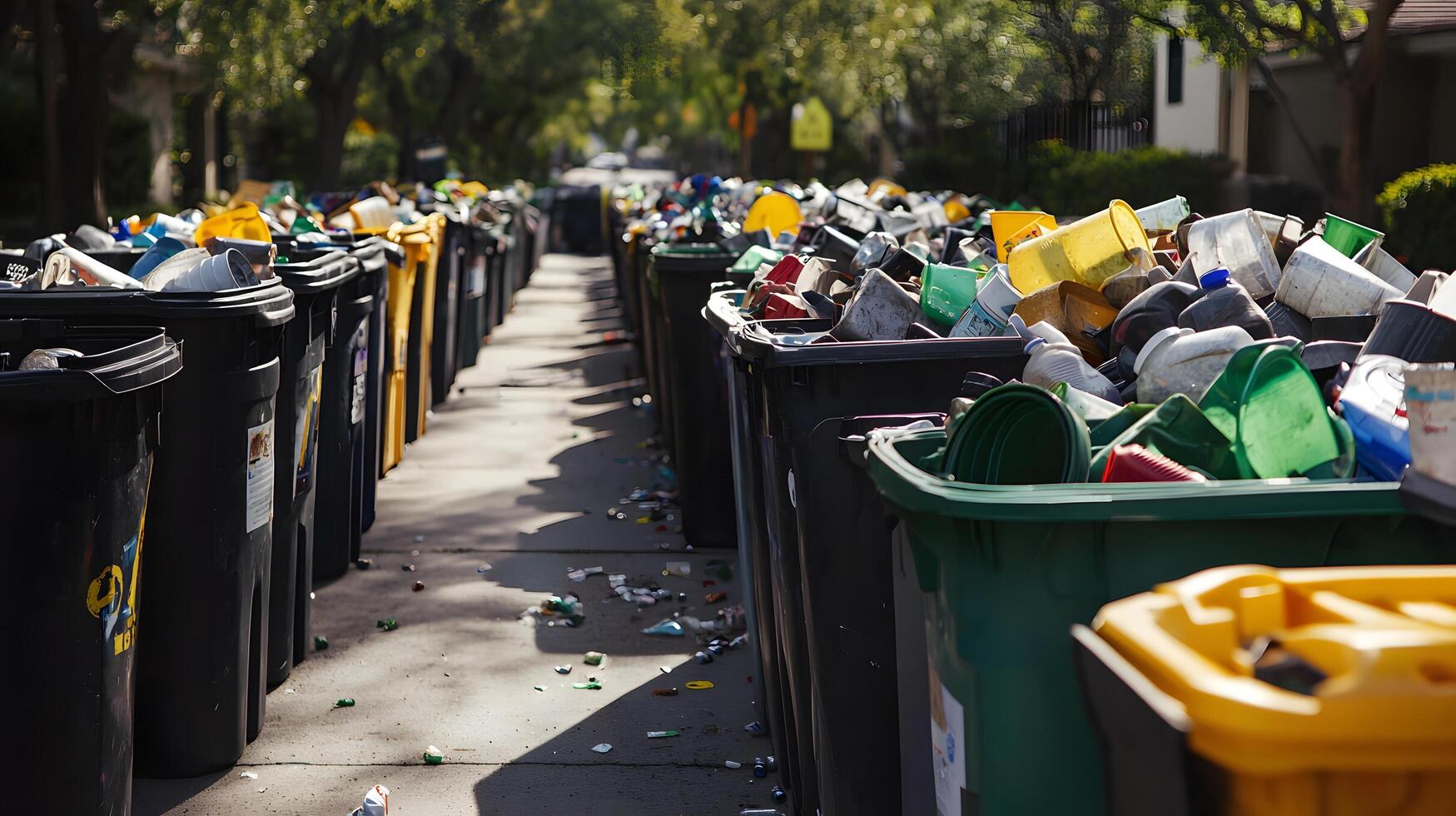 Overflowing Garbage Bins on a Residential Street in Daylight Scene photo