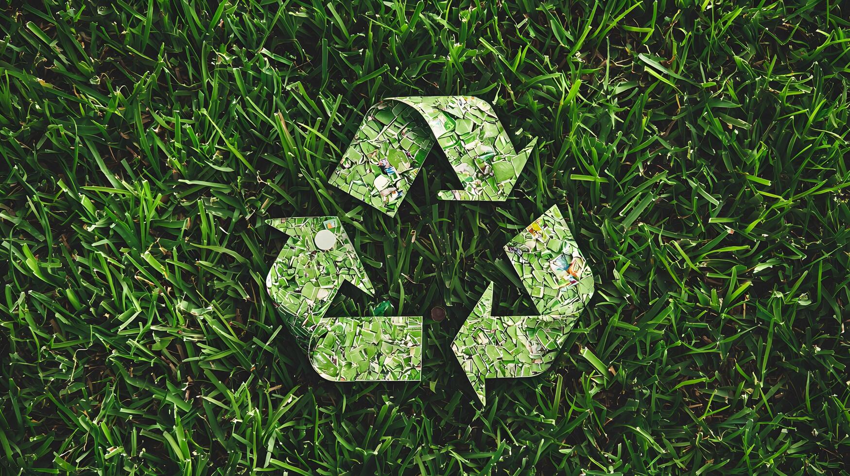 Green Recycling Symbol on Fresh Grass Background for Eco Awareness photo