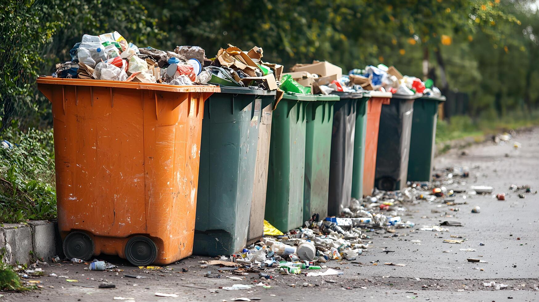 Overflowing Trash Bins on Urban Street Surrounded by Litter photo