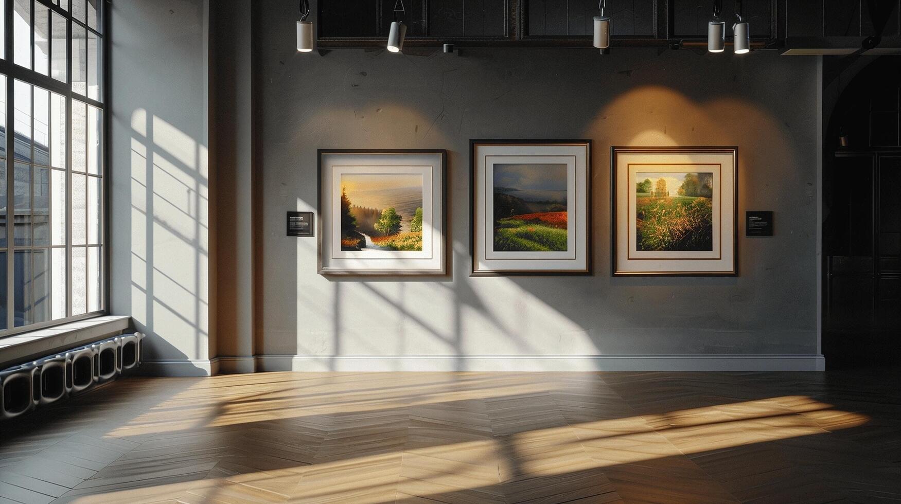 Bright Art Gallery Interior with Framed Paintings and Natural Light photo