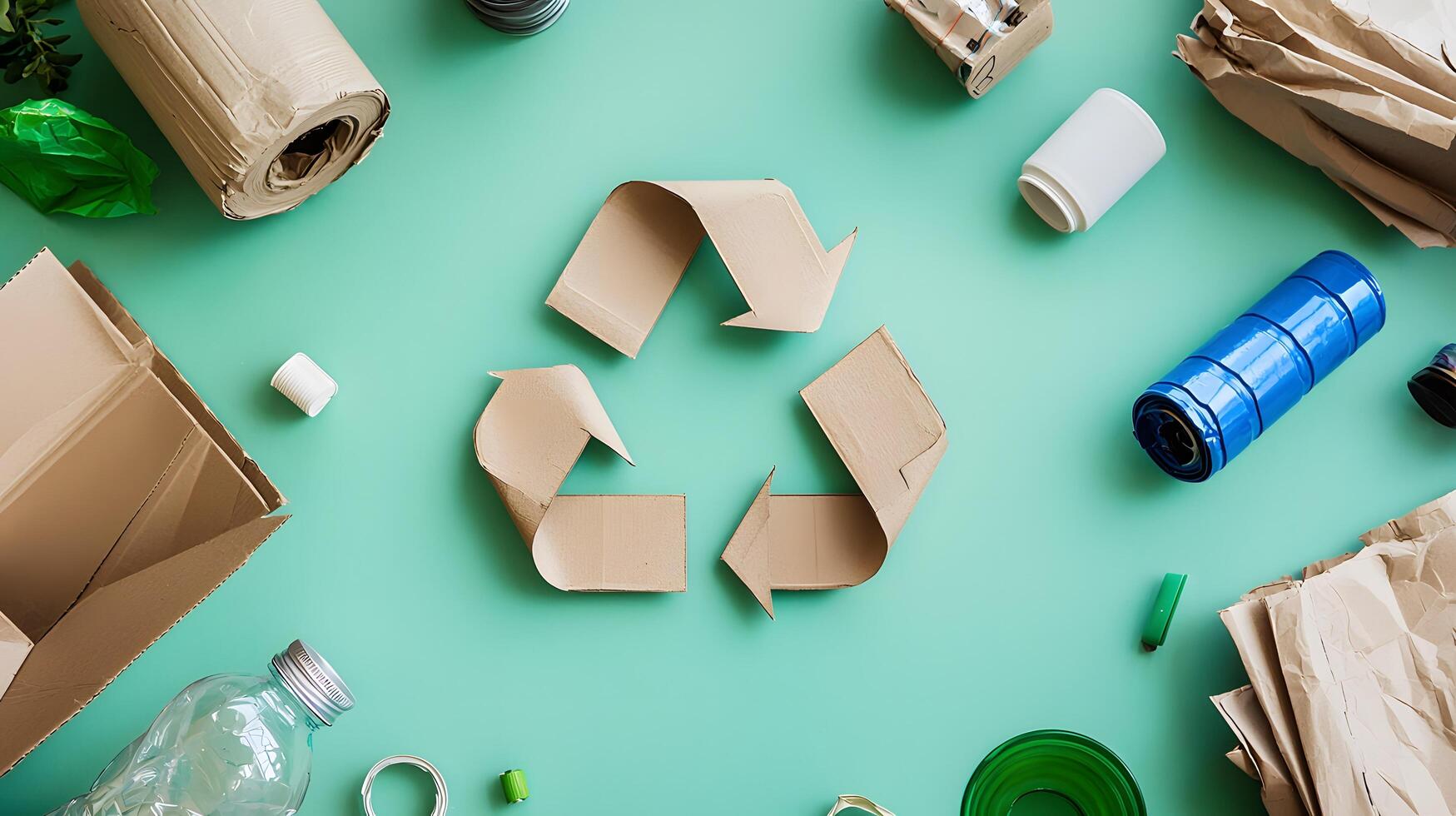Recycling Concept with Various Materials on Mint Green Background photo