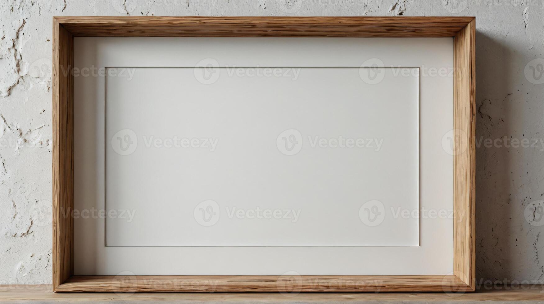 Empty Picture Frame on Wooden Table Against Textured Wall Background photo