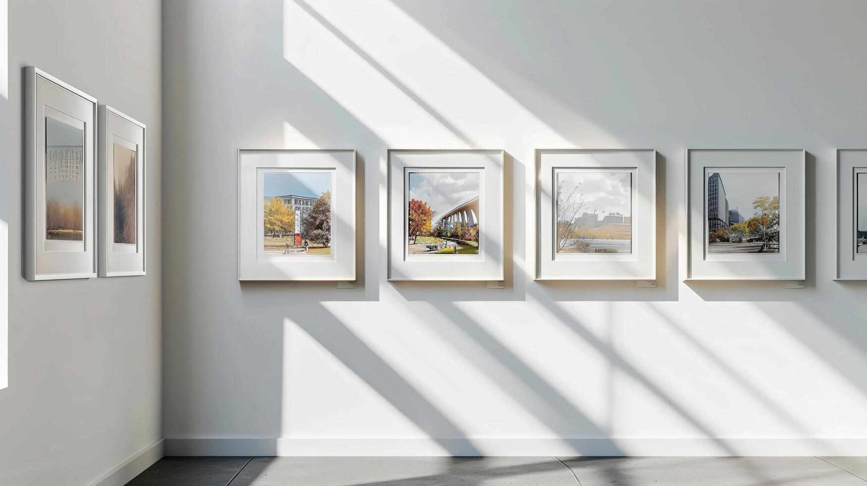 Modern Art Gallery Interior with Framed Pictures and Light Play photo